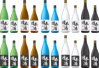 Illustration set of sake in a front view and a four-quart bottle