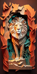 Lion  Background Wallpaper. 3D Papercut paper art craft color Background. Generative AI.