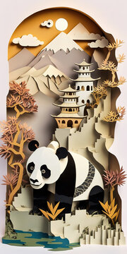 Panda Background Wallpaper. 3D Papercut paper art craft color Background. Generative AI.