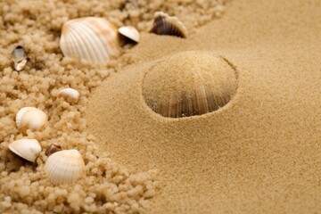 Fototapeta na wymiar sandy beach with seashells scattered on the sand. Generative AI