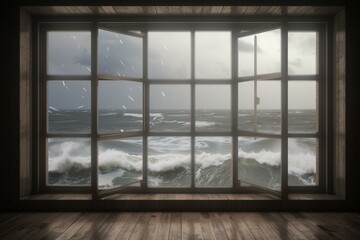 Fototapeta na wymiar View on a stormy ocean from the window of a lighthouse - generative ai