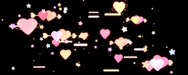 3d rendered hearts and stars on black background.