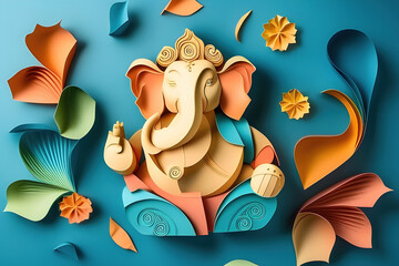 Lord Ganesha 3d papercut craft color Background. Generative AI.