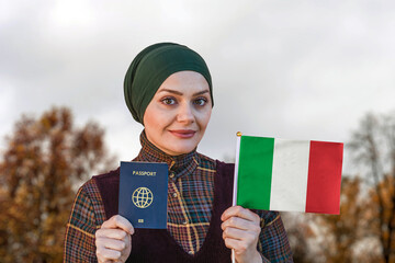 Muslim Woman Holding Passport and Flag of Italy