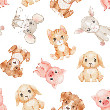 Cute cartoon cat, dog and bunny on white. Watercolor seamless pattern. Childish background