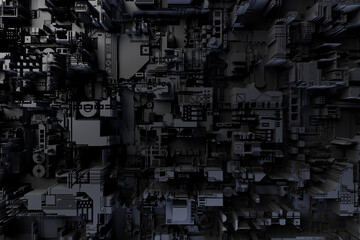 3d illustration of a realistic model of a robot or black cyber armor. Close-up equipment for mining crypto-bitcoin; ether. Video cards; motherboards