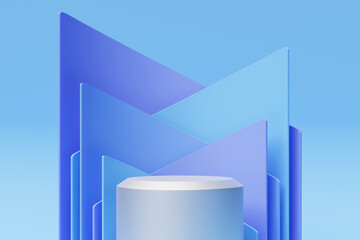 White  realistic 3d cylinder pedestal podium on blue background. Abstract  rendering geometric...