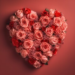 Heart made of beautiful different color roses on a light pink background, Generative AI