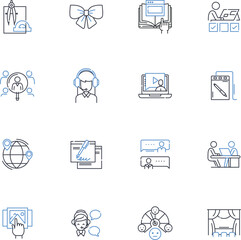 Jobber line icons collection. Scheduling, Invoicing, Quoting, Estimating, Dispatching, Calendar, Tracking vector and linear illustration. Timekeeping,CRM,Mobile outline signs set