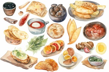 Naklejka na ściany i meble Watercolor illustration of appetizer collection on white background - AI generative. Generative AI