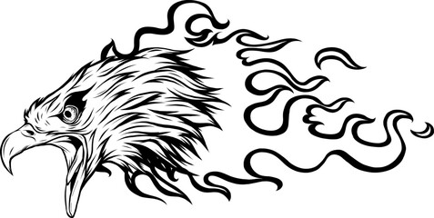 vector illustratio of monochrome head eagle with flames on white background
