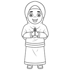 Illustration of Happy muslim woman cartoon line art