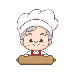 Cute Grandma as Baker cartoon character Rolling Dough. Profession Concept design. Flat adorable chibi vector illustration. Isolated white background