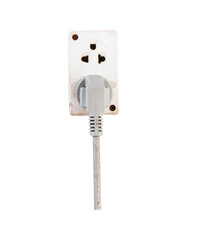 Old Plugging electrical white plug in electric socket isolated on cutout PNG. Power cord cable plugged into wall outlet on white plaster wall with cobwebs copy space. safety concept.