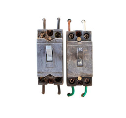 Old switch electrical safety circuit breaker box black with dust and cobwebs damaged isolated on...