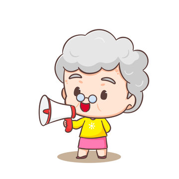 Cute Grandmother cartoon character holding megaphone. People Concept design. Flat adorable chibi vector illustration. Isolated white background