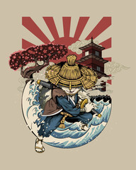 Fototapeta premium Ronin Cat, Ronin Neko, or Samurai Cat ready to draw his sword, with sea waves, sakura tree, temple and sunrise as background poster illustration.