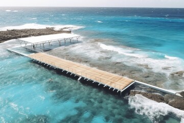 serene wooden dock floating in calm waters surrounded by nature. Generative AI