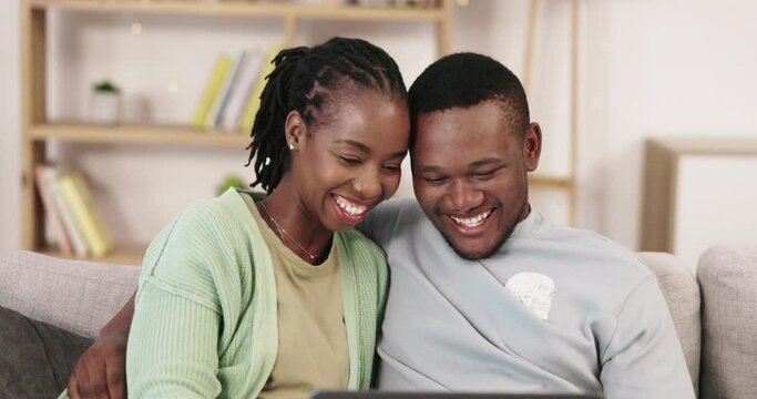 Love, happy and african couple and digital tablet on sofa for streaming, subscription and entertainment in their home. Online, comic and man with woman smile, laughing and watching movie or comedy