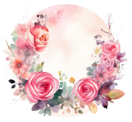 Fototapeta na wymiar a circle frame shape with pink watercolor roses & flowers, beautiful mother's day or wedding illustration, drawing, background, oil painting, Generative AI