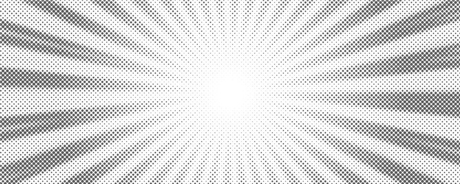 Fototapeta Sun rays halftone background. White and grey radial abstract comic pattern. Vector explosion abstract lines backdrop