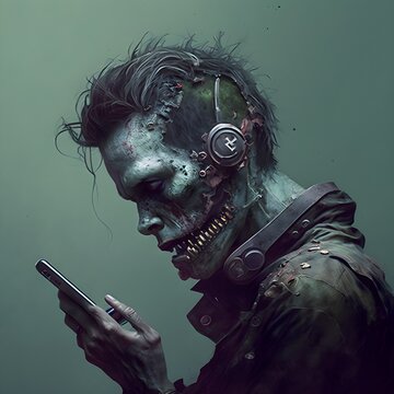 a zombie with headphones looking at his smartphone - ai generative art