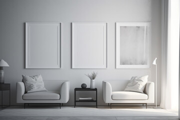 White wall with two blank picture frame mockups in modern interior, Generative AI	