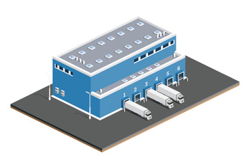 Isometric Distribution Logistic Center. Warehouse Storage Facilities with Trucks Isolated on White Background.