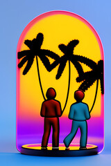 Sunset Lovers: A Comic-Style Silhouette of a Couple Amidst Palm Trees