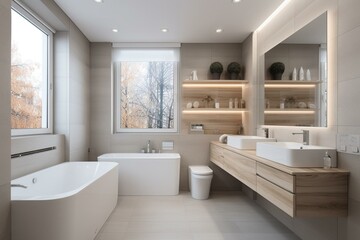 Fototapeta na wymiar Modern light bathroom interior. Generative AI