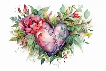 Floral heart with rose flowers and leaves. Watercolor illustration. Generative AI