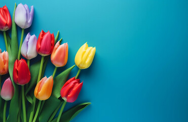 Spring rainbow tulip flowers on blue background top view in flat lay style, Greeting for Womens or Mothers Day or Spring Sale Banner, Generative AI