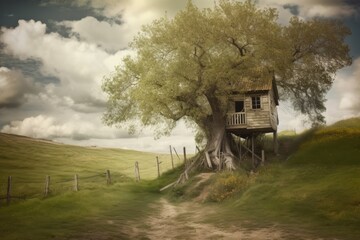 tree house in the middle of a green meadow. Generative AI