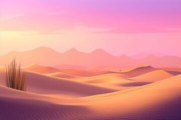 Desert Landscape with Sand Dunes and Lilac Gradient Sky. Empty Modern Background. Generative AI