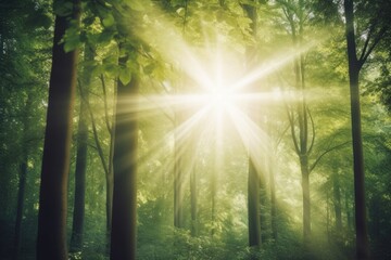 Fototapeta premium sunlight streaming through trees in a beautiful forest. Generative AI