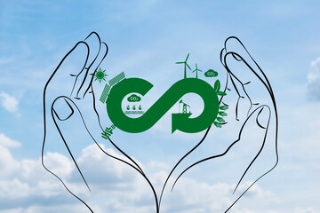 Feminine line art hands hold circular economy icon. Sustainable strategy approach to eliminate waste and pollution for future growth of business and environment.