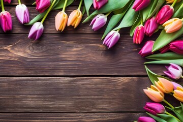 colorful tulips arranged on a rustic wooden surface. Generative AI
