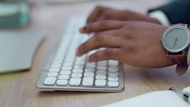 Businessman, hands and writing in schedule planning for reminder, task or diary book on office desk. Hand of employee man taking notes for project plan, deadline or record keeping at the workplace