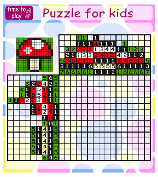 Nonogram for children. Color the puzzle by numbers. Colorful Japanese crossword puzzle. Educational game for kids. mushroom