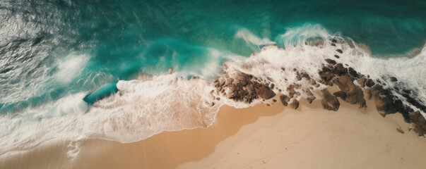 Fototapeta premium An idyllic beach and crystal-clear ocean are captured from an aerial perspective, creating a panoramic view of the shoreline and waves, ideal for a perfect summer vacation. AI Generative.