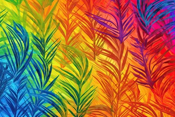 Fototapeta na wymiar vibrant painting featuring tropical palm leaves. Generative AI