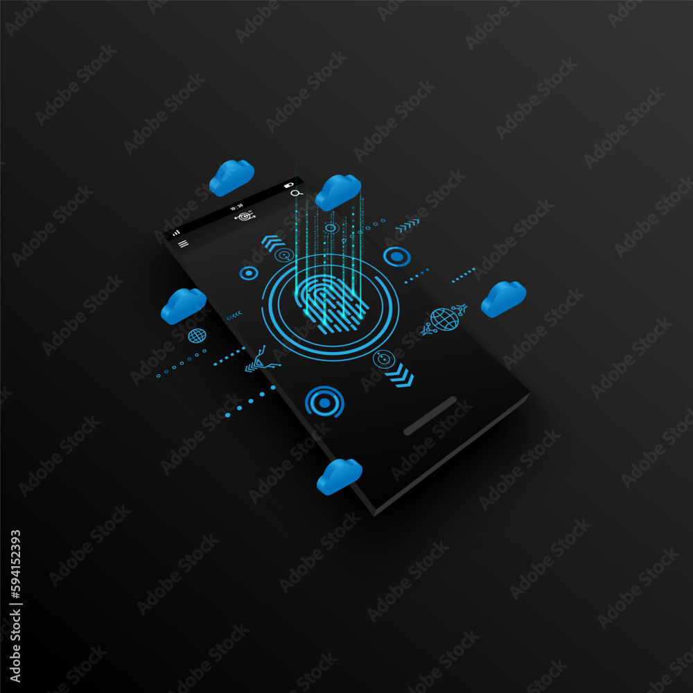 Poster 3d abstract background fingerprint scanning technology login security internet data cloud by touch m