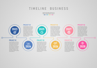 modern timeline 6 years business infographic multi colored circles icons numbers and letters outline and lines gray gradient background design for planning finance investment marketing
