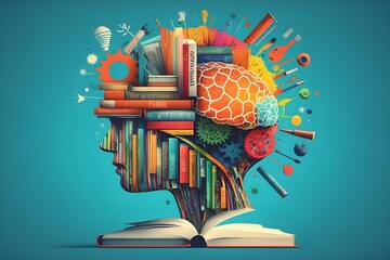 a colorful collage with books, cogs, a brain, lightbulb, intelligence, learning, education