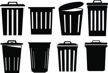 Set of bin silhouettes. Black and white bin vector illustrations set.