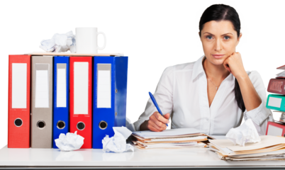 Portrait of an Overworked Employee with Folders and Binders