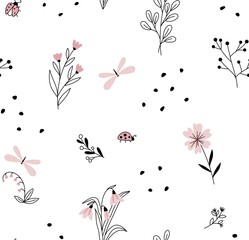 floral seamless pattern. Set of leaves, wildflowers, twigs, floral arrangements, ladybug and dragonfly. Beautiful compositions of field grass and bright spring flowers on white background © Aglaia