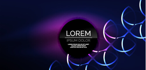 Neon laser lines, circles waves abstract background. Neon light or laser show, electric impulse, power lines, techno quantum energy impulse, magic glowing dynamic lines