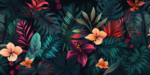 Fototapeta na wymiar Jungle flower pattern with tropical palm leaves and flowers on dark background, Generative AI