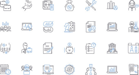 Fiscal proceeds line icons collection. Budget, Revenue, Income, Taxation, Expenditure, Public Funds, Treasury vector and linear illustration. Debt,Deficit,Surplus outline signs set